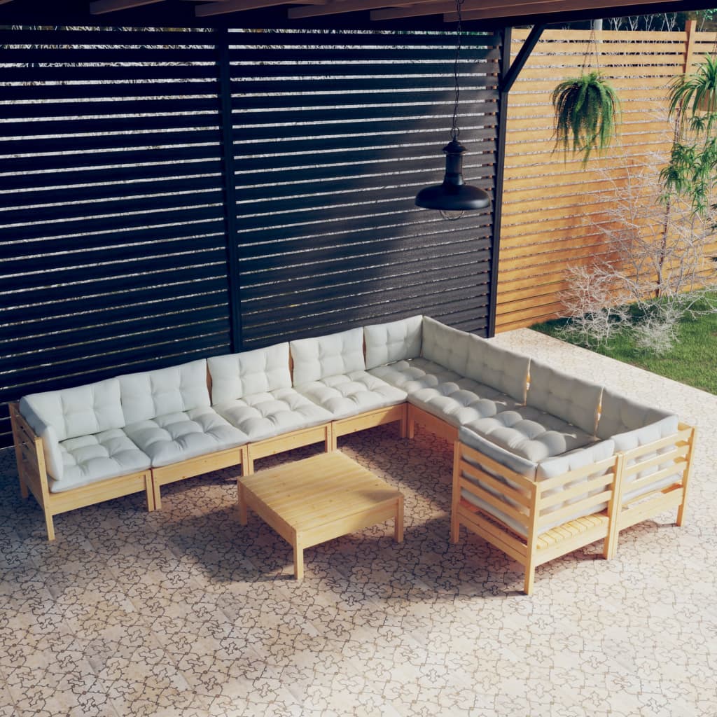 Set Divani da Giardino 10 pz con Cuscini Crema Massello di Pino | homemem39
