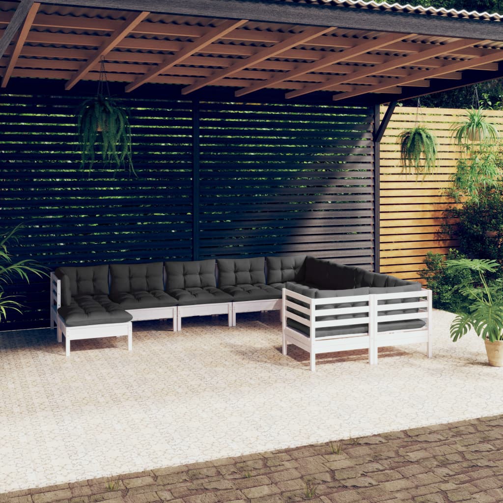 Set Divani da Giardino 10 pz con Cuscini Legno di Pino Bianco | homemem39