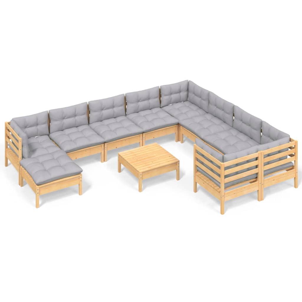 Set Divani da Giardino 11 pz con Cuscini Grigi Massello di Pino | homemem39
