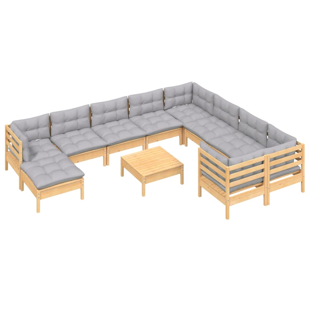 Set Divani da Giardino 11 pz con Cuscini Grigi Massello di Pino | homemem39