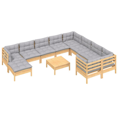Set Divani da Giardino 11 pz con Cuscini Grigi Massello di Pino | homemem39