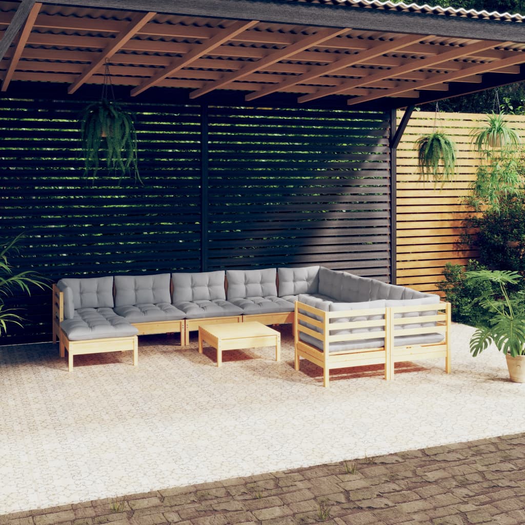 Set Divani da Giardino 11 pz con Cuscini Grigi Massello di Pino | homemem39