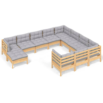 Set Divani da Giardino 11 pz con Cuscini Grigi Massello di Pino