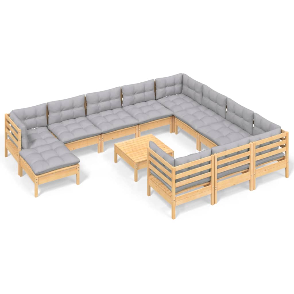 Set Divani da Giardino 12 pz con Cuscini Grigi Massello di Pino | homemem39