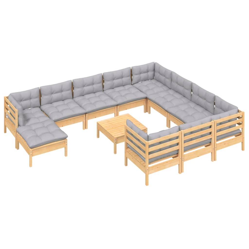Set Divani da Giardino 12 pz con Cuscini Grigi Massello di Pino | homemem39