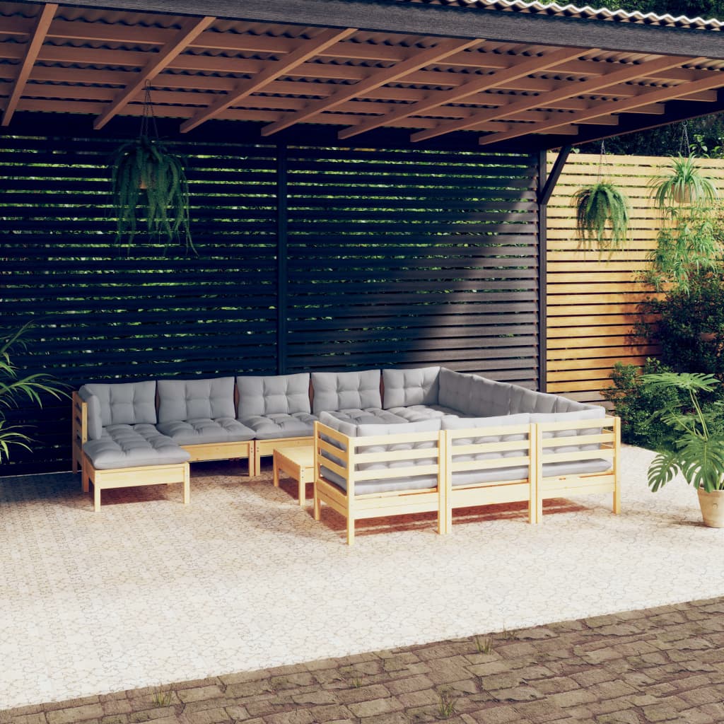 Set Divani da Giardino 12 pz con Cuscini Grigi Massello di Pino | homemem39