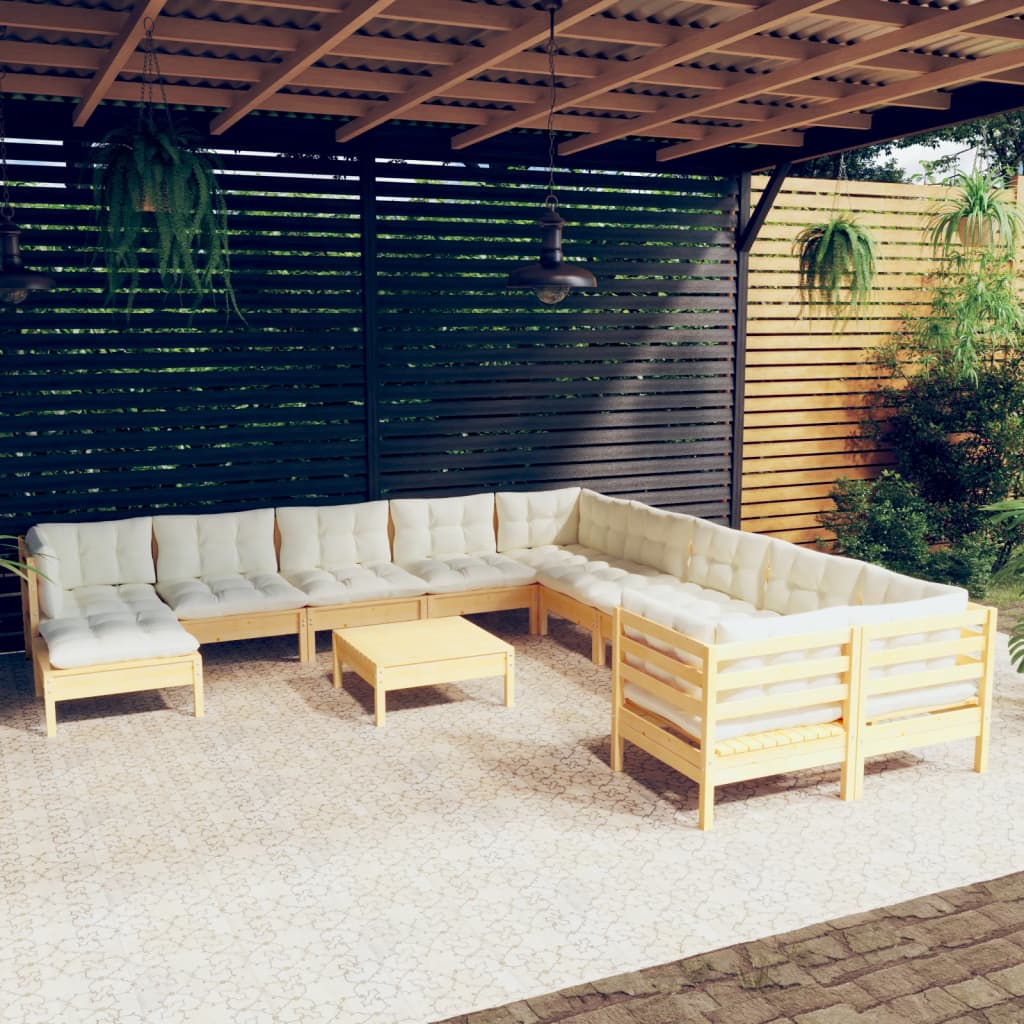 Set Divani da Giardino 12 pz con Cuscini Crema Massello di Pino | homemem39