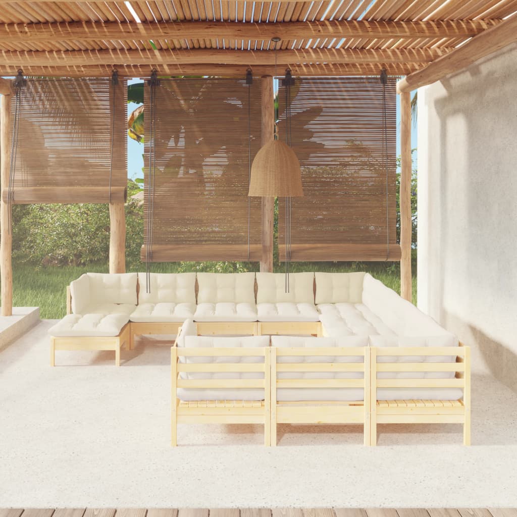 Set Divani da Giardino 12 pz con Cuscini Crema in Massello di Pino | homemem39