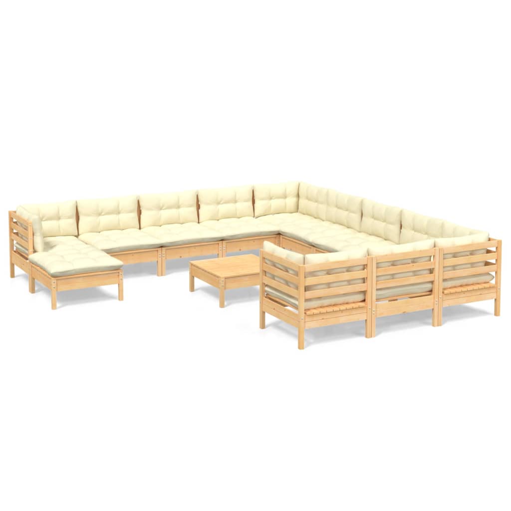 Set Salotto da Giardino 13pz con Cuscini Crema in Legno di Pino | homemem39