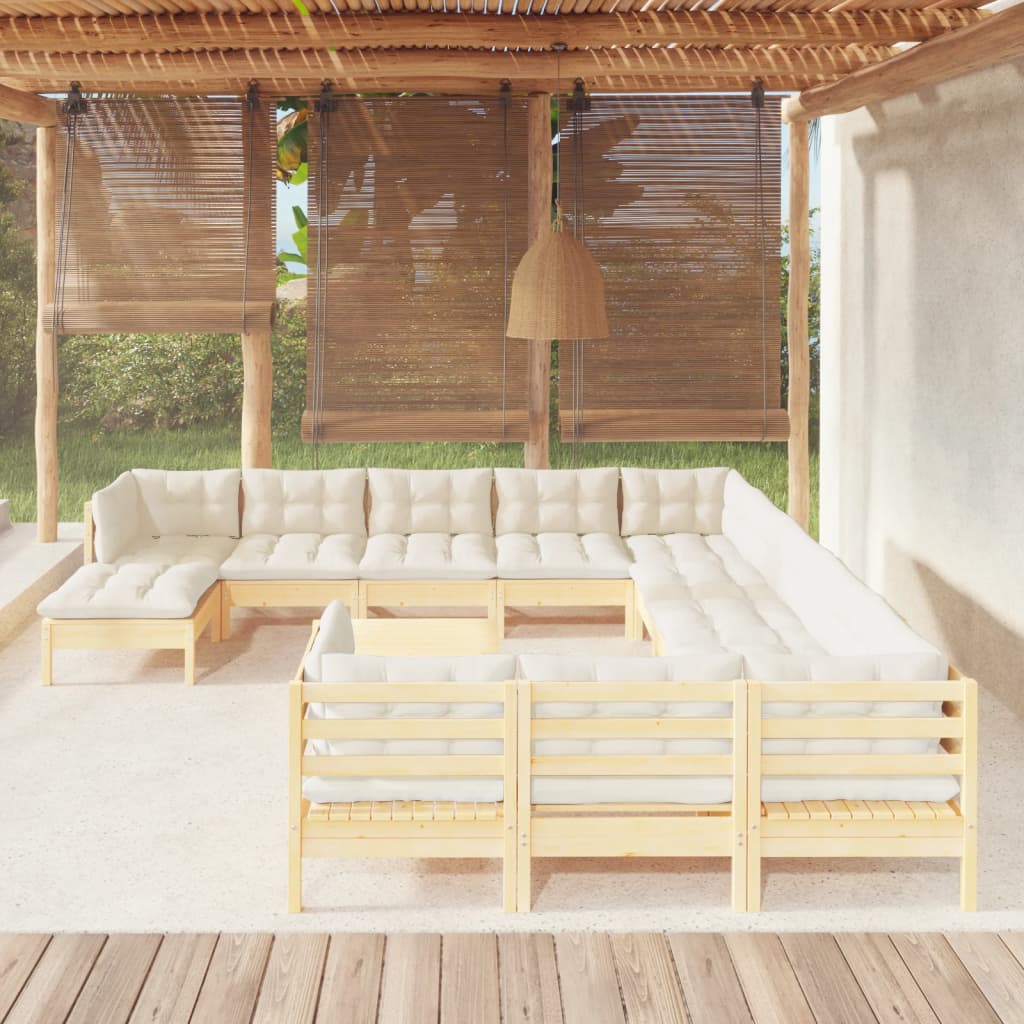 Set Salotto da Giardino 13pz con Cuscini Crema in Legno di Pino | homemem39