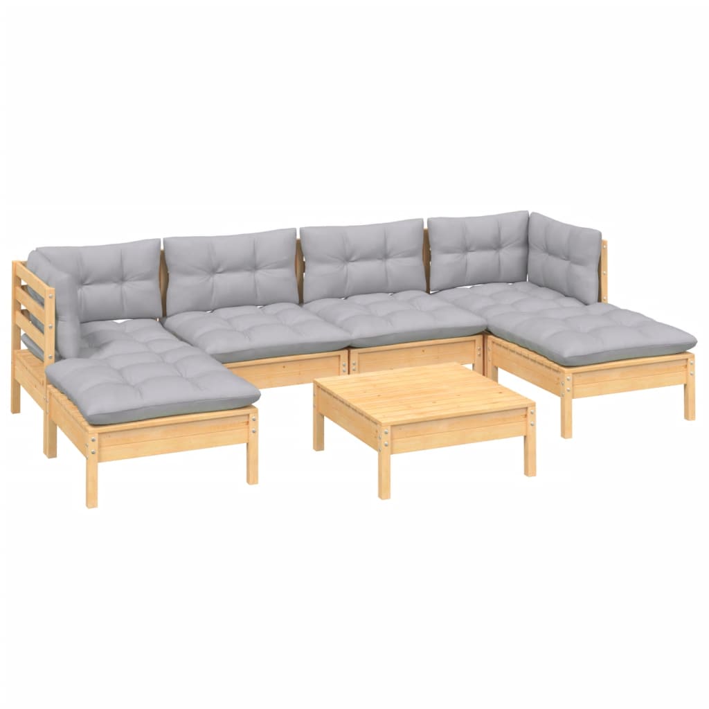 Set Divani da Giardino 7 pz con Cuscini Grigi Massello di Pino | homemem39
