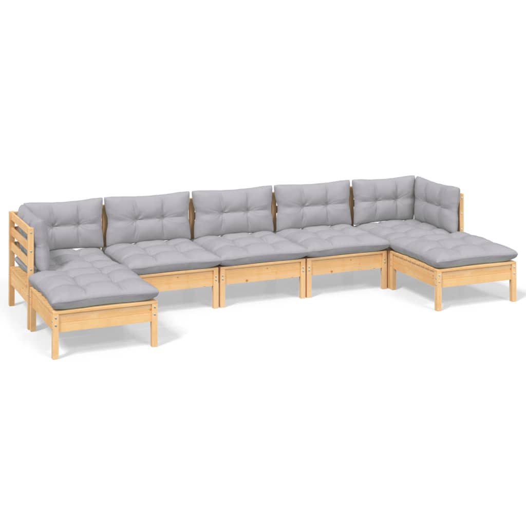 Set Divani da Giardino 7 pz con Cuscini Grigi Massello di Pino | homemem39