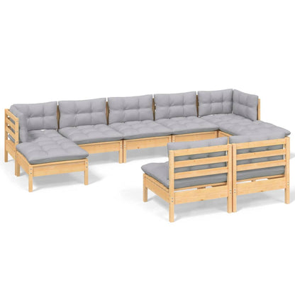 9 pc Garden Sofa Set with Gray Solid Pine Cushions