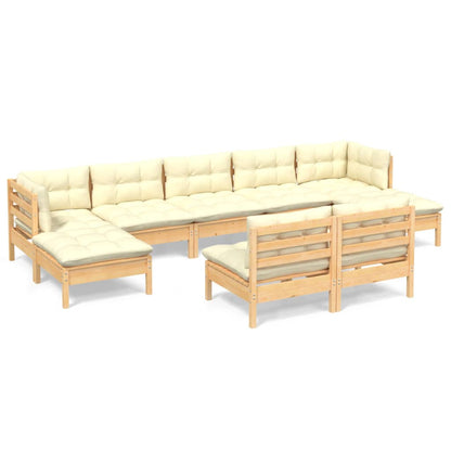 Set Salotto da Giardino 9 pz con Cuscini Crema in Legno di Pino