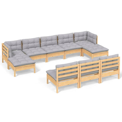Set Divani da Giardino 10 pz con Cuscini Grigi Massello di Pino | homemem39