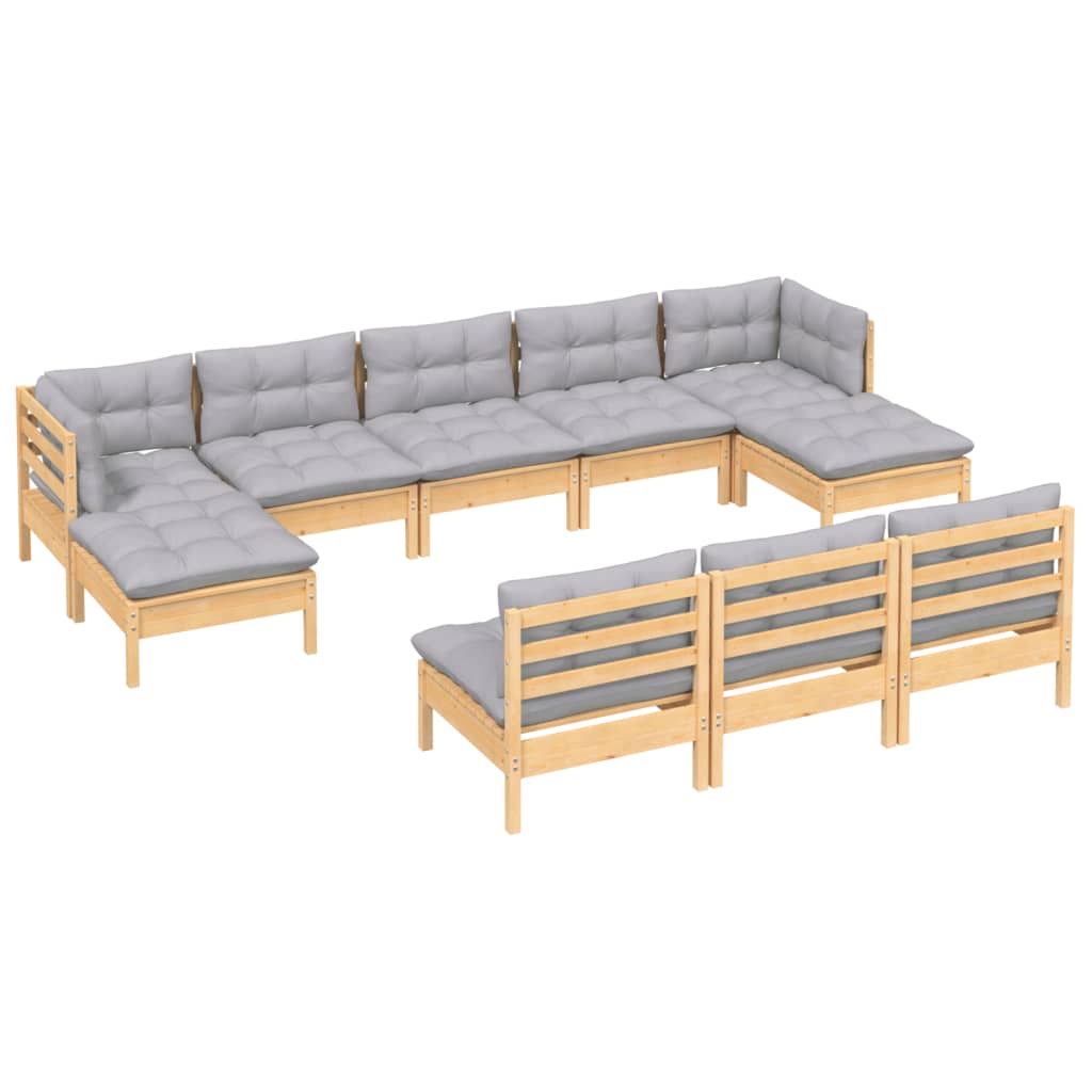 Set Divani da Giardino 10 pz con Cuscini Grigi Massello di Pino | homemem39