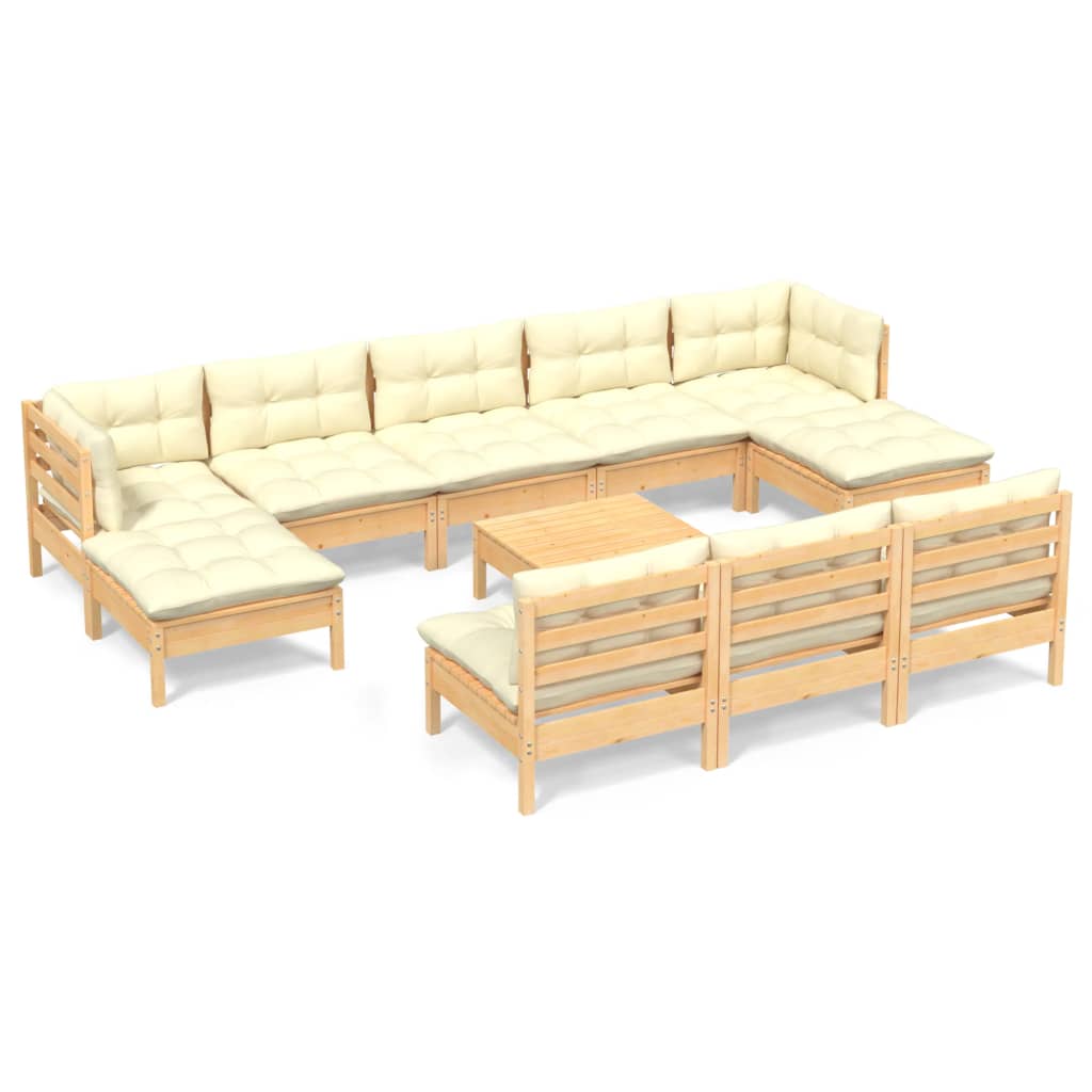 Set Divani da Giardino 11 pz con Cuscini Crema in Massello di Pino