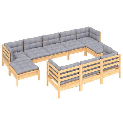 Set Divani da Giardino 10 pz con Cuscini Grigi Massello di Pino | homemem39