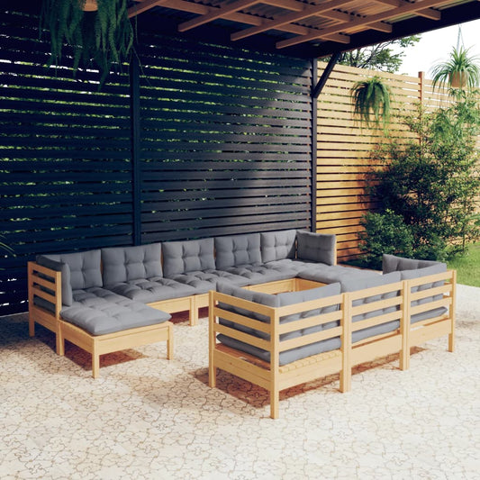 Set Divani da Giardino 10 pz con Cuscini Grigi Massello di Pino | homemem39