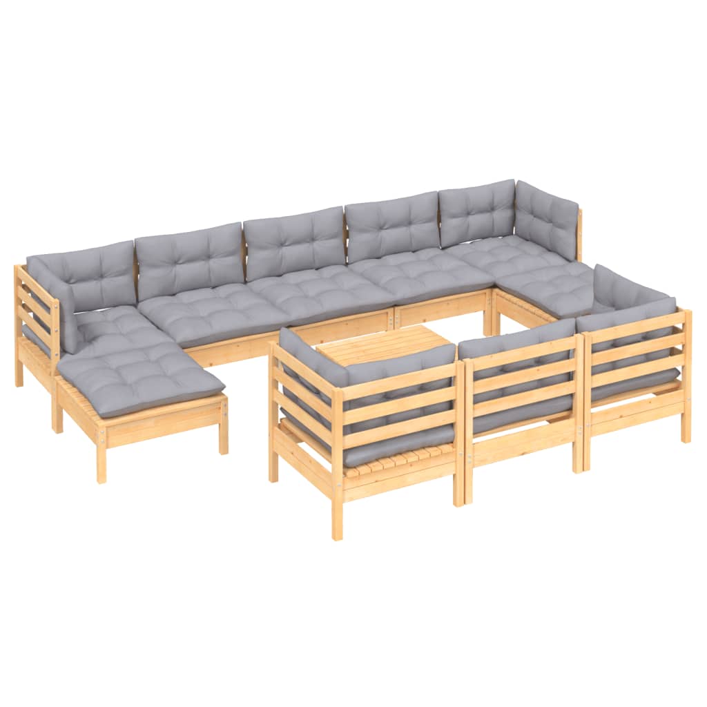 Set Divani da Giardino 11 pz con Cuscini Grigi Massello di Pino | homemem39
