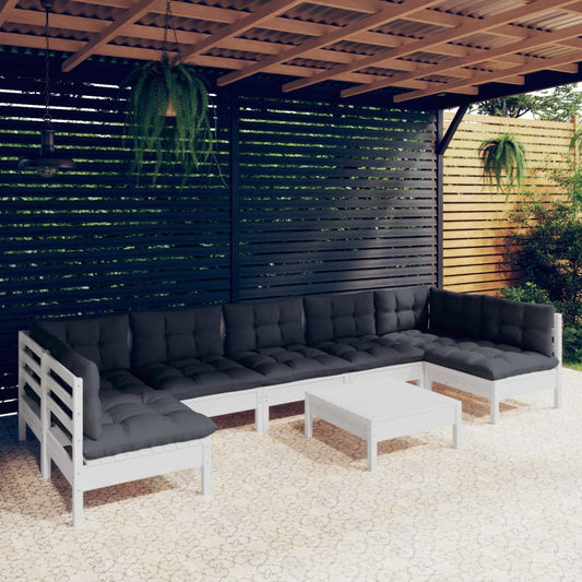 Set Divani da Giardino 8 pz con Cuscini Bianchi Legno di Pino