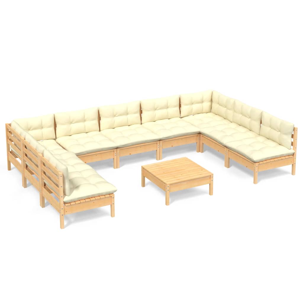 Set Divani da Giardino 10 pz con Cuscini Crema Massello di Pino