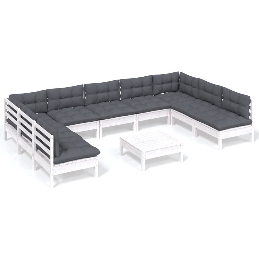 Set Divani da Giardino 10 pz con Cuscini Bianchi Legno di Pino | homemem39