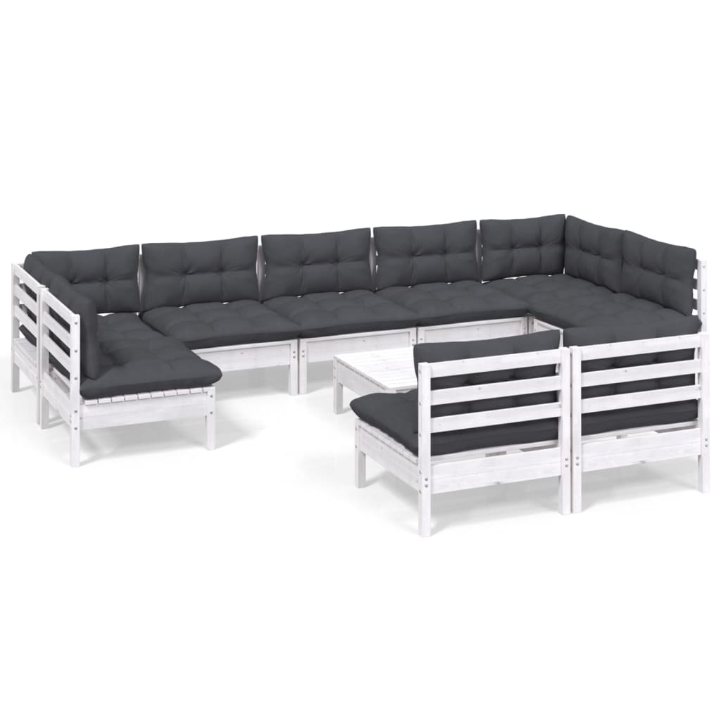 Set Divani da Giardino 10 pz con Cuscini Bianchi Legno di Pino | homemem39
