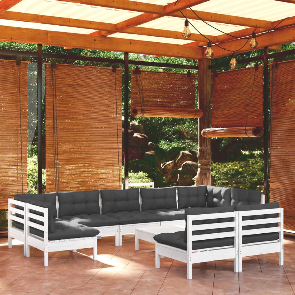 Set Divani da Giardino 10 pz con Cuscini Bianchi Legno di Pino - homemem39