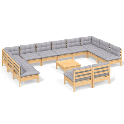 Set Divani da Giardino 13 pz con Cuscini Grigi Massello di Pino | homemem39
