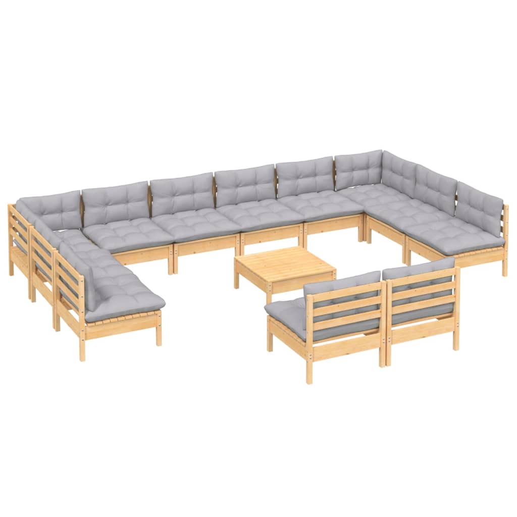 Set Divani da Giardino 13 pz con Cuscini Grigi Massello di Pino | homemem39