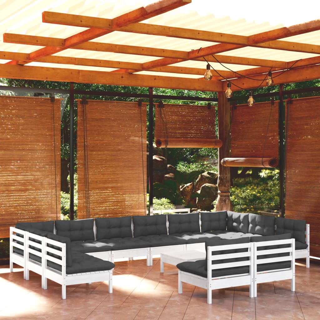 Set Divani da Giardino 13 pz con Cuscini Bianchi Legno di Pino - homemem39