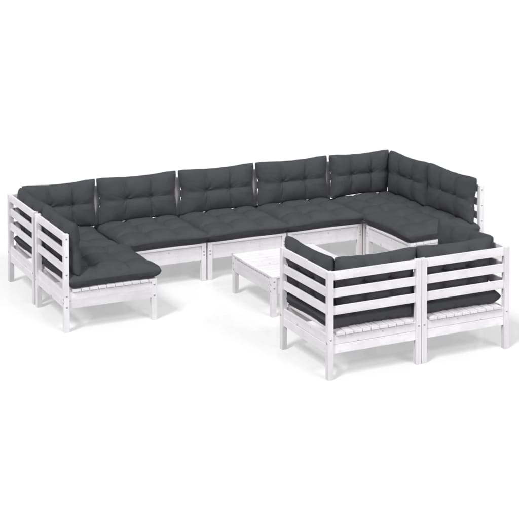 Set Divani da Giardino 10 pz con Cuscini Bianchi Legno di Pino | homemem39