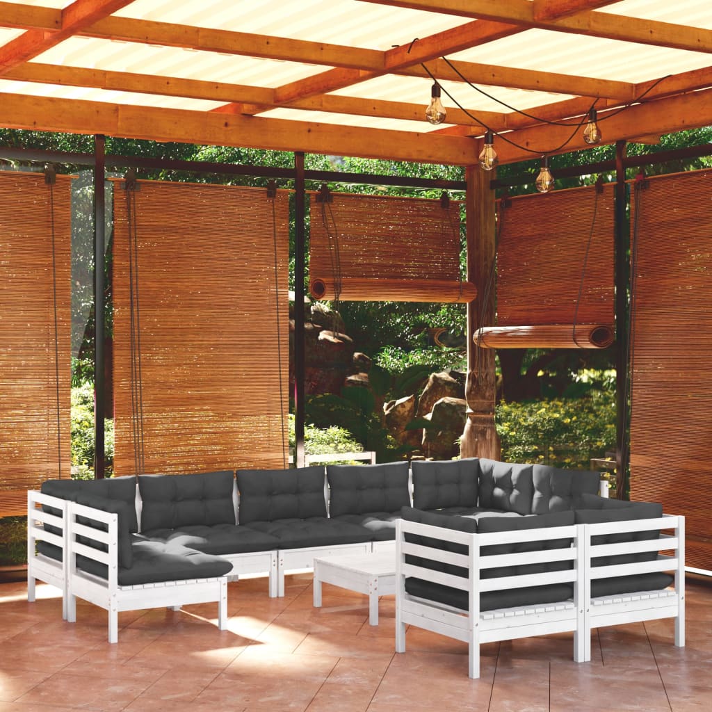 Set Divani da Giardino 10 pz con Cuscini Bianchi Legno di Pino | homemem39