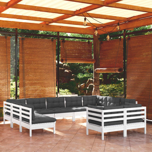 Set Divani da Giardino 11 pz con Cuscini Bianchi Legno di Pino - homemem39