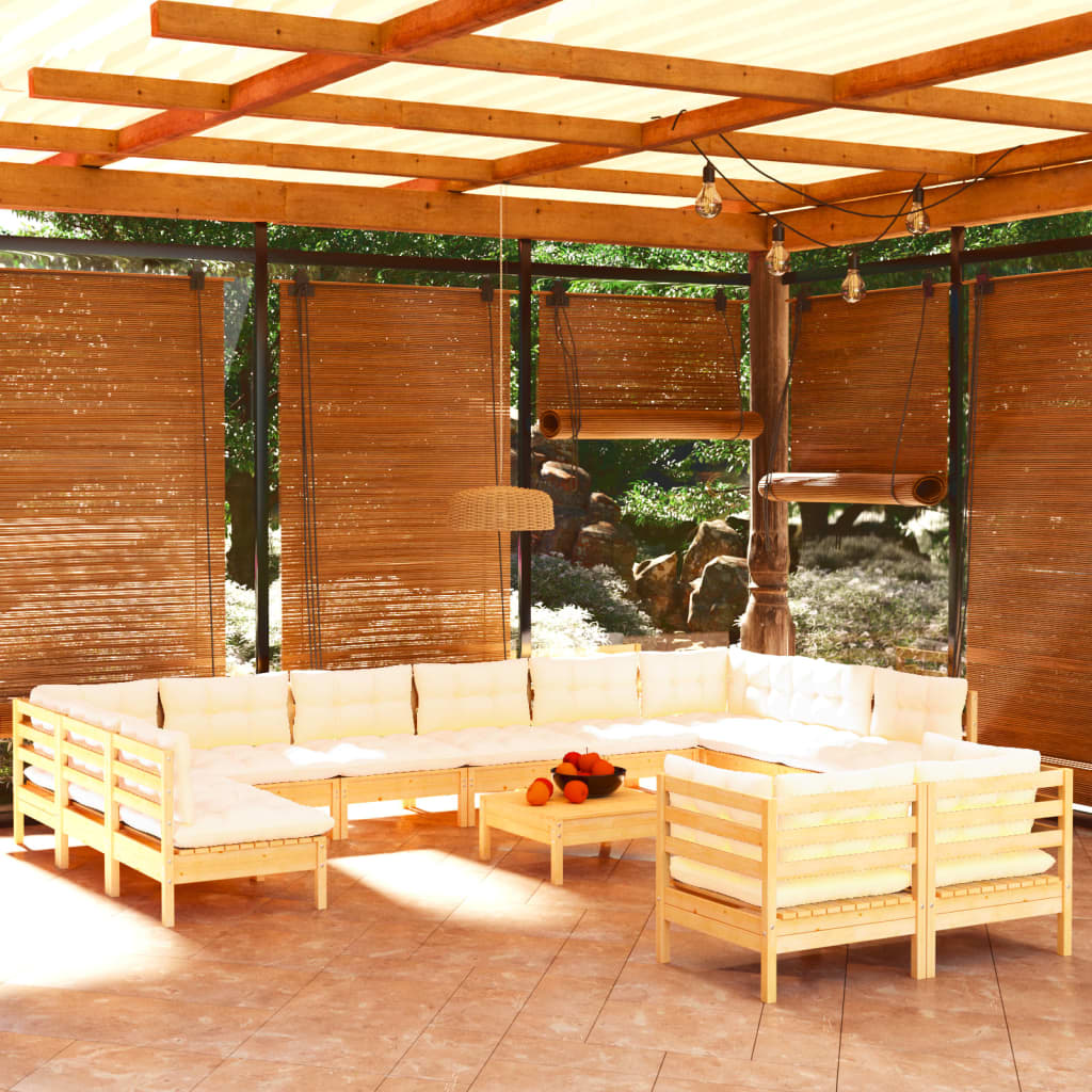 Set Salotto da Giardino 13pz con Cuscini Crema in Legno di Pino | homemem39