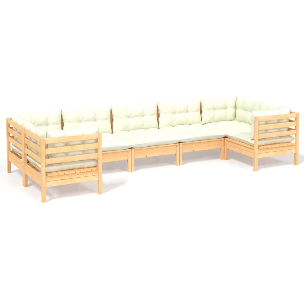 Set Salotto da Giardino 7pz con Cuscini Crema in Legno di Pino