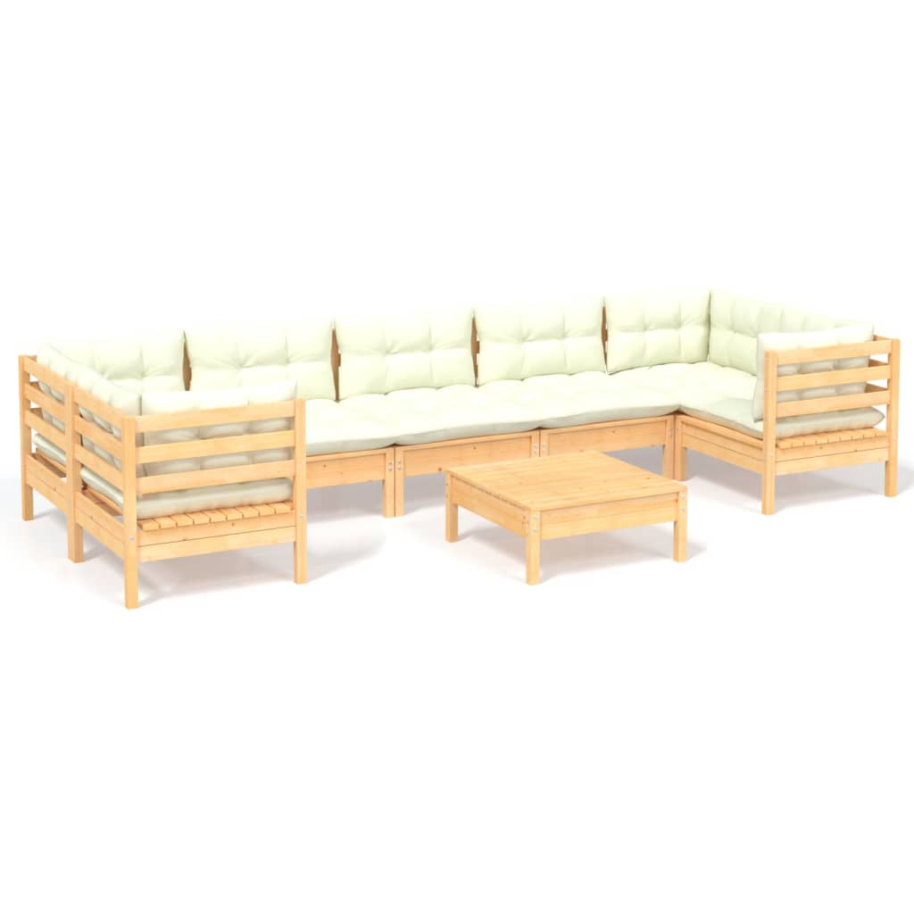 Set Salotto da Giardino 8 pz con Cuscini Crema in Legno di Pino