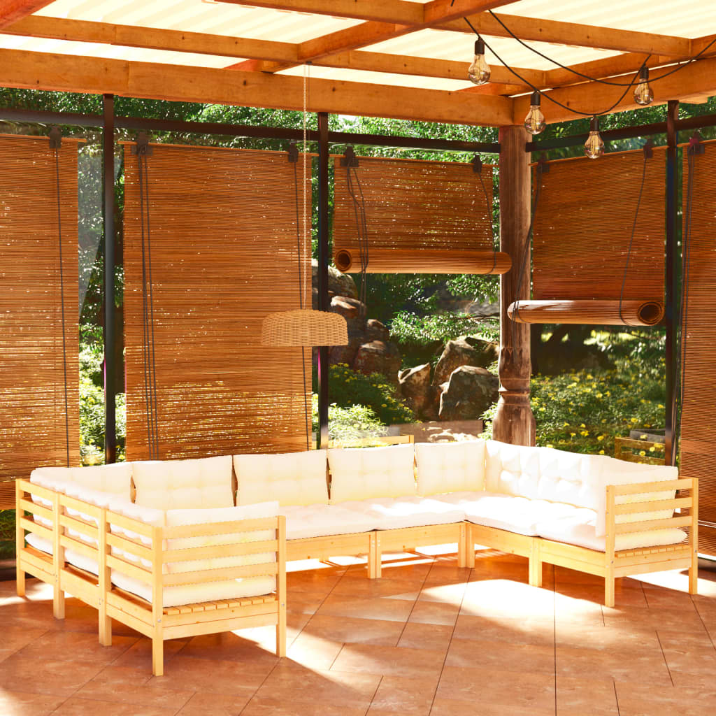 Set Salotto da Giardino 9 pz con Cuscini Crema in Legno di Pino | homemem39
