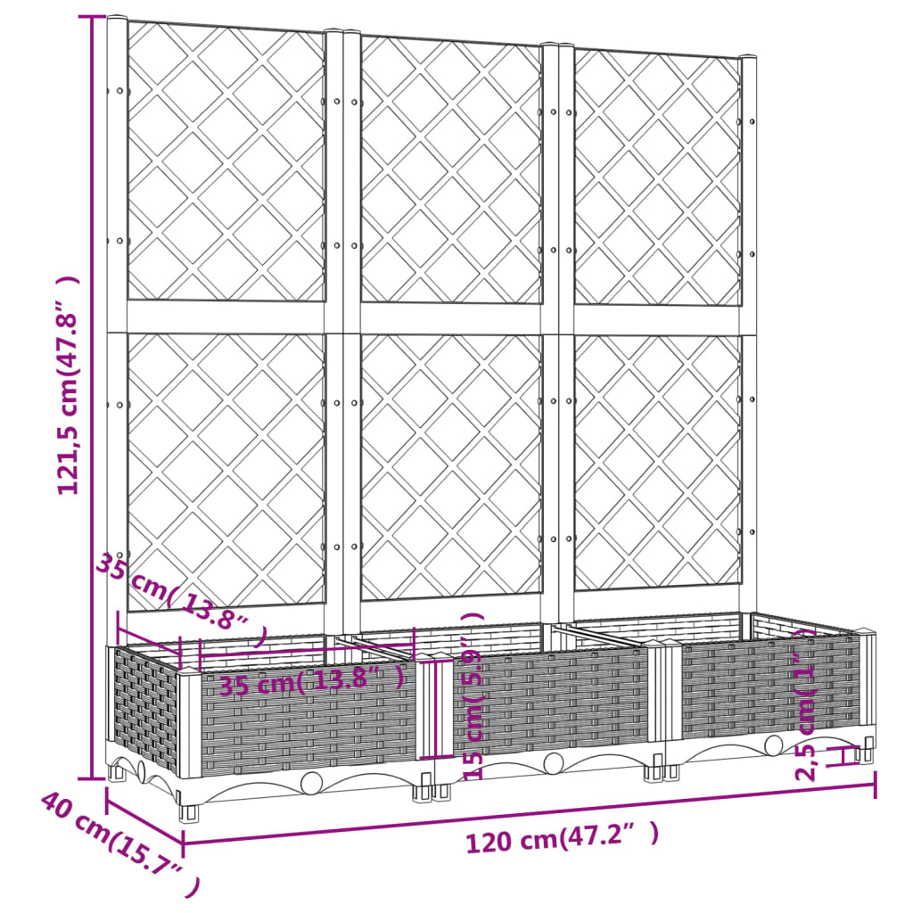 Fioriera da giardino con traliccio marrone 120x40x121,5 cm PP