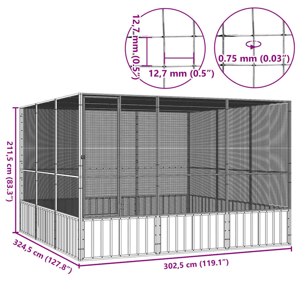 Gabbia Uccelli Antracite 302,5x324,5x211,5 cm Acciaio Zincato | homemem39