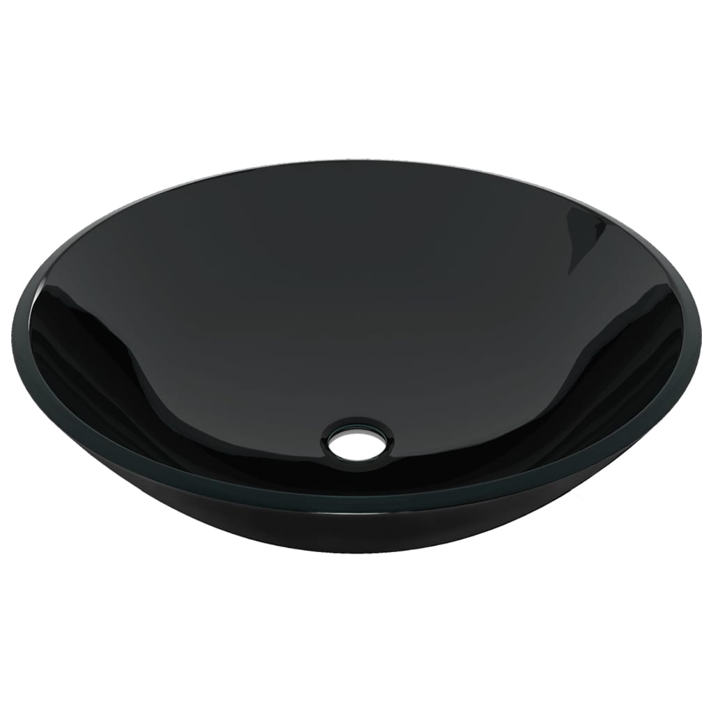 Bathroom sink with tap and drain in black tempered glass