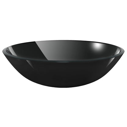 Bathroom sink with tap and drain in black tempered glass