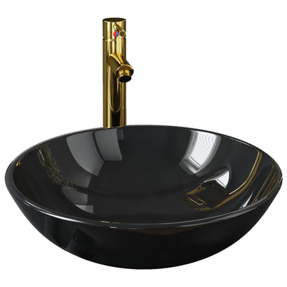 Bathroom sink with tap and drain in black tempered glass