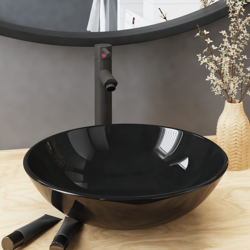 Lavandino Bagno con Rubinetto e Piletta in Vetro Temperato Nero - homemem39