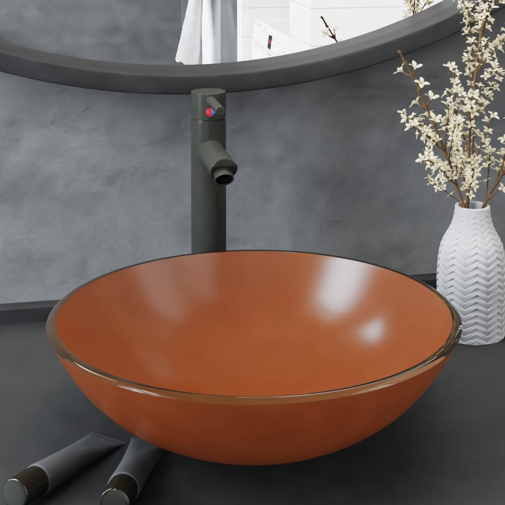 Lavandino con Rubinetto e Piletta in Vetro Temperato Marrone - homemem39