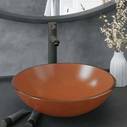 Lavandino con Rubinetto e Piletta in Vetro Temperato Marrone - homemem39