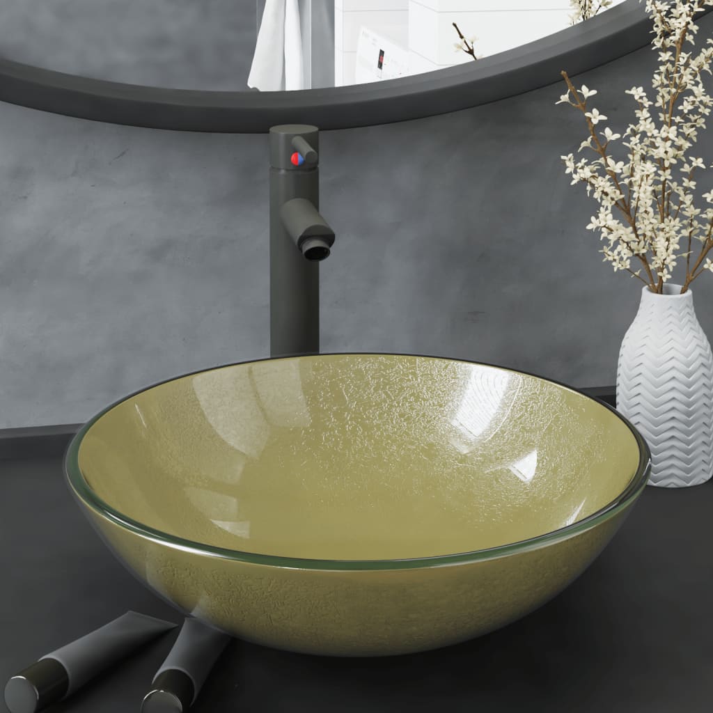 Lavandino Rubinetto e Piletta a Pressione Vetro Temperato Oro - homemem39