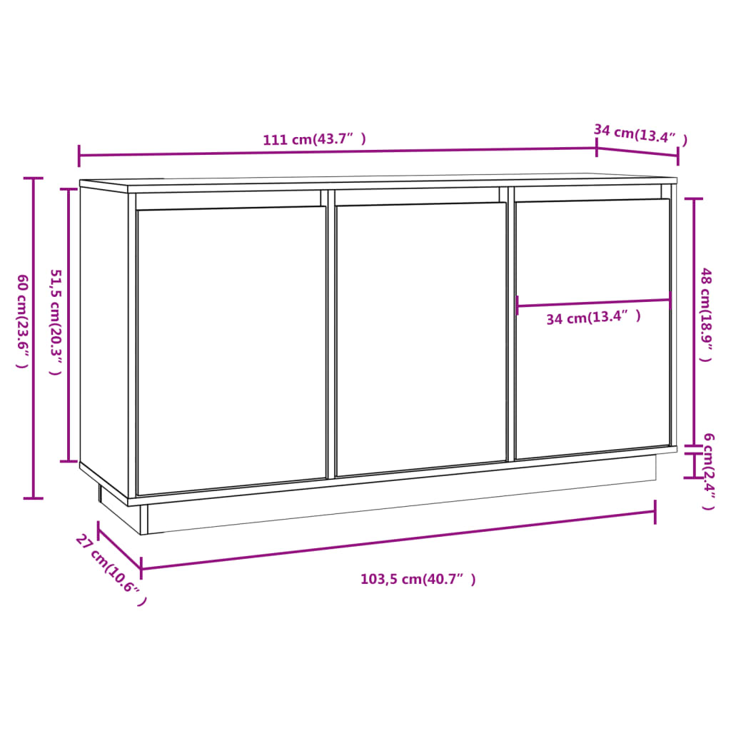 Credenza Bianca 111x34x60 cm in Legno Massello di Pino - homemem39