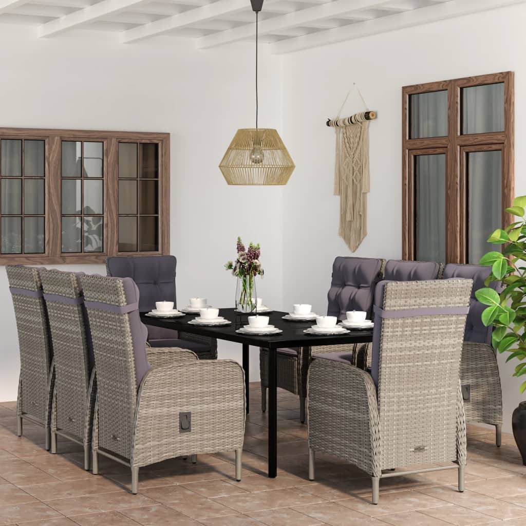 Set da Pranzo da Giardino 9 pz con Cuscini Nero e Grigio - homemem39